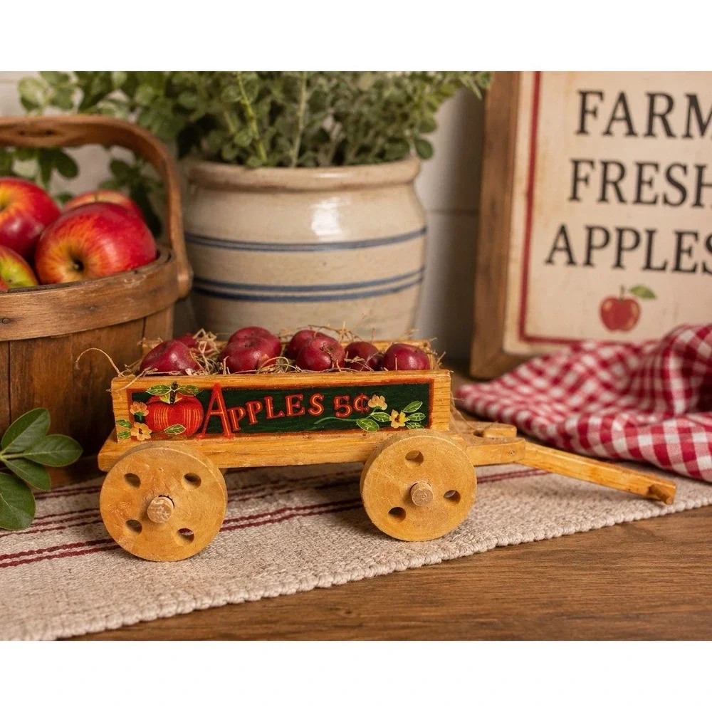 1980s Wooden Apple Wagon Cart Apples 5¢ Farmhouse Kitchen Decor Mini